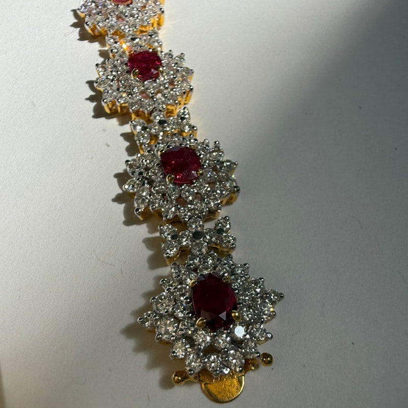 Vintage 18k Yellow Gold Ruby & Diamond Cluster Tennis Bracelet