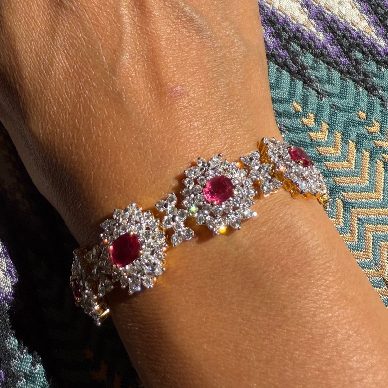 Vintage 18k Yellow Gold Ruby & Diamond Cluster Tennis Bracelet