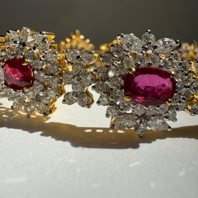 Vintage 18k Yellow Gold Ruby & Diamond Cluster Tennis Bracelet
