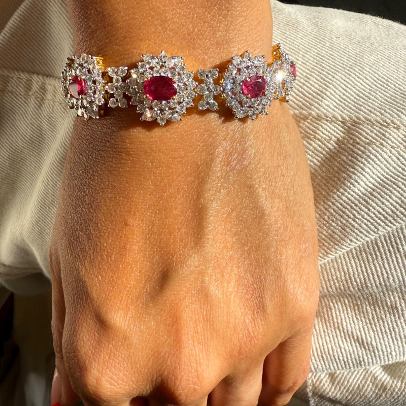 Vintage 18k Yellow Gold Ruby & Diamond Cluster Tennis Bracelet