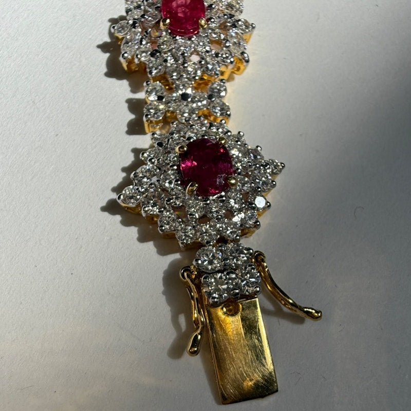 Vintage 18k Yellow Gold Ruby & Diamond Cluster Tennis Bracelet
