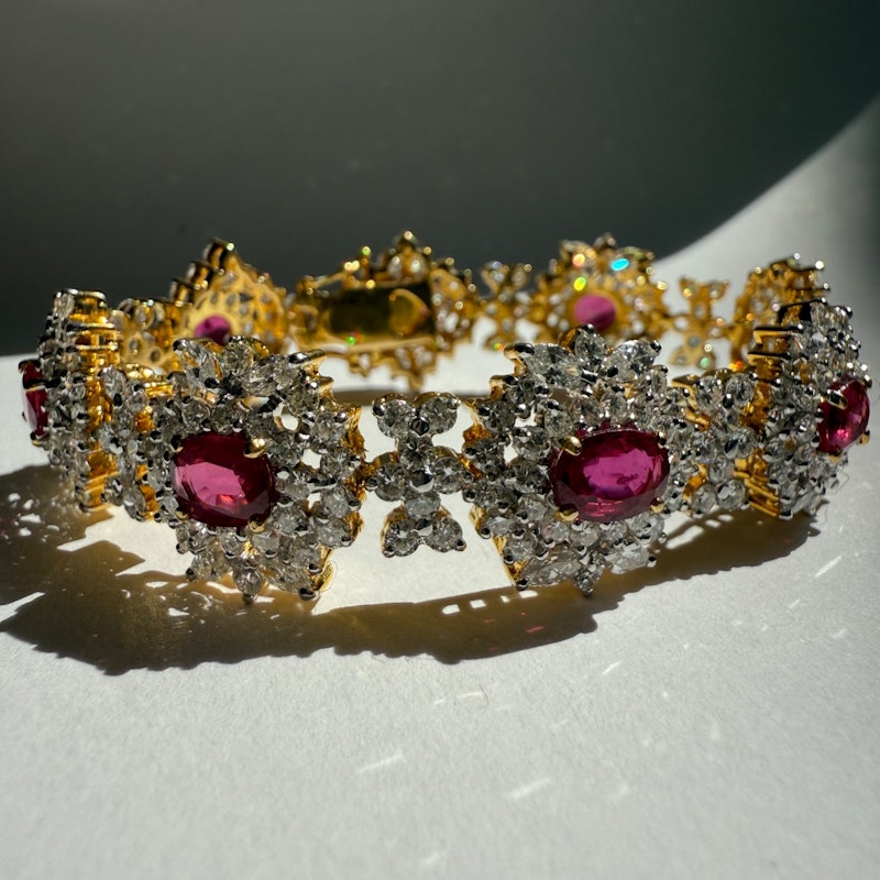 Vintage 18k Yellow Gold Ruby & Diamond Cluster Tennis Bracelet
