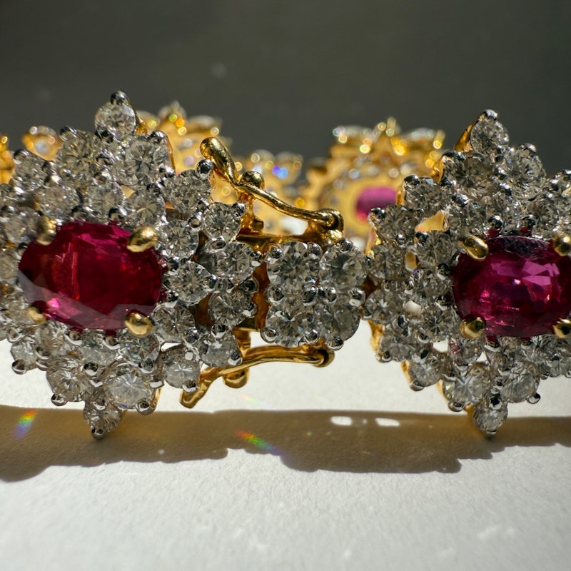 Vintage 18k Yellow Gold Ruby & Diamond Cluster Tennis Bracelet