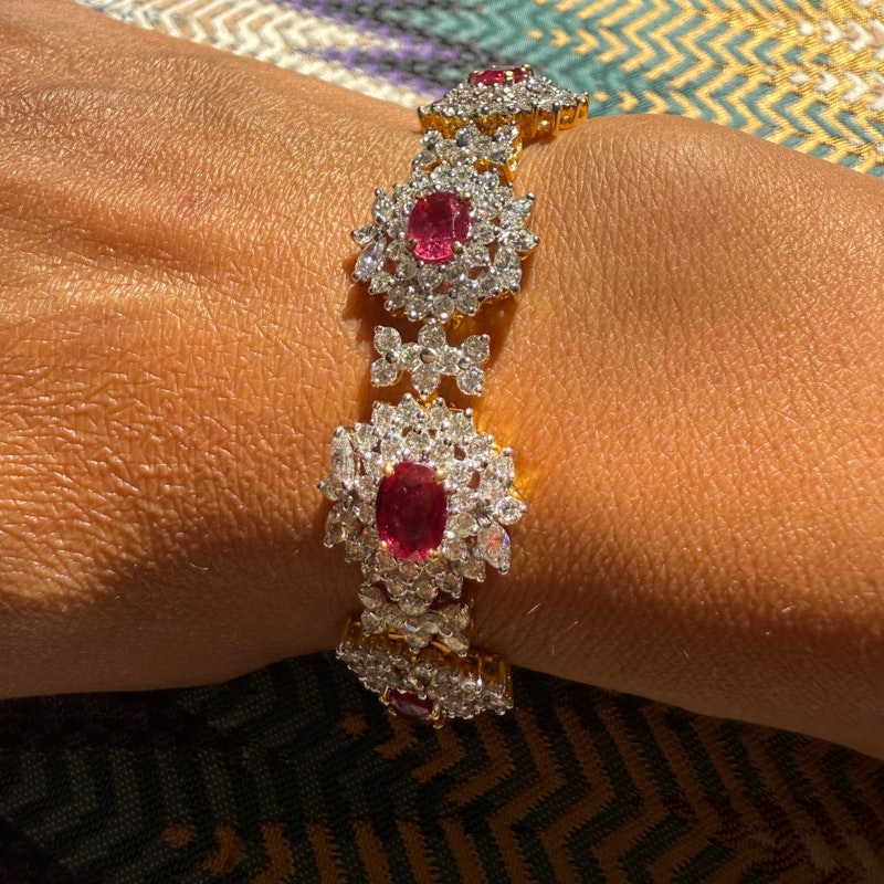 Vintage 18k Yellow Gold Ruby & Diamond Cluster Tennis Bracelet