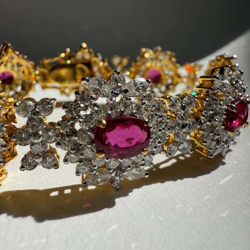 Vintage 18k Yellow Gold Ruby & Diamond Cluster Tennis Bracelet