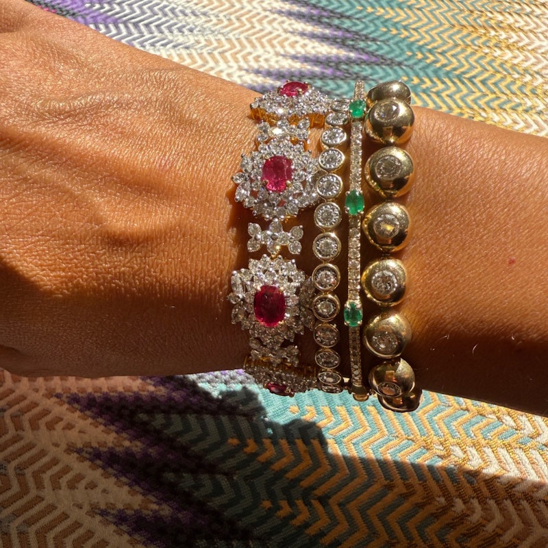 Vintage 18k Yellow Gold Ruby & Diamond Cluster Tennis Bracelet