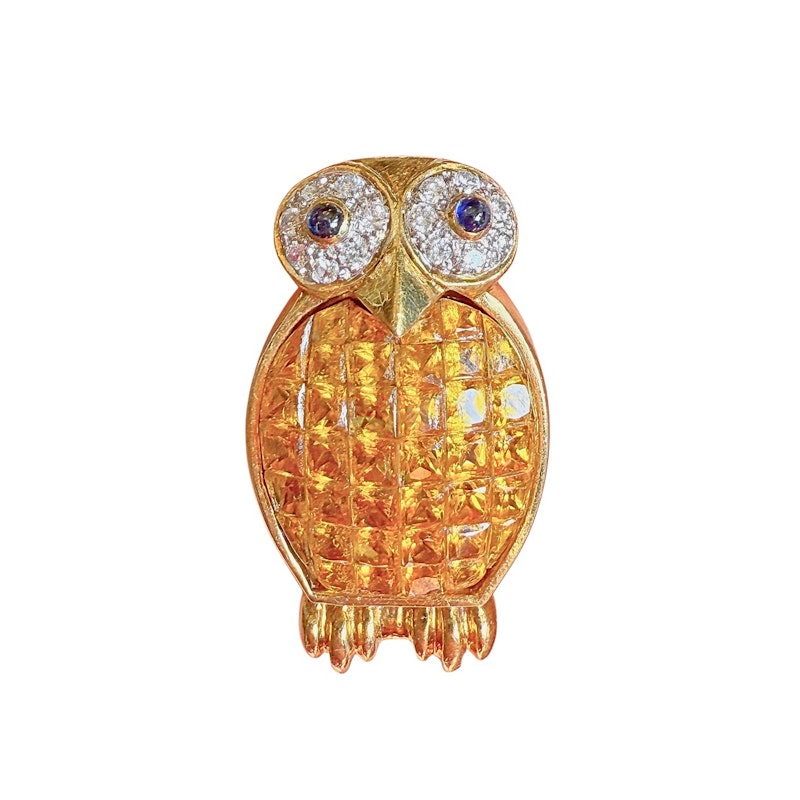 Vintage 18k Yellow Gold Owl Brooch with Sapphires & Diamond
