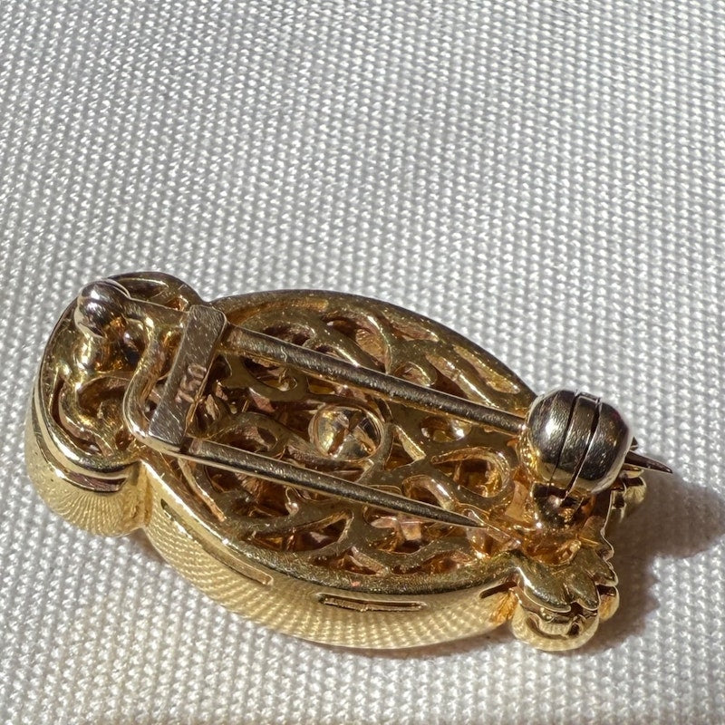 Vintage 18k Yellow Gold Owl Brooch with Sapphires & Diamond