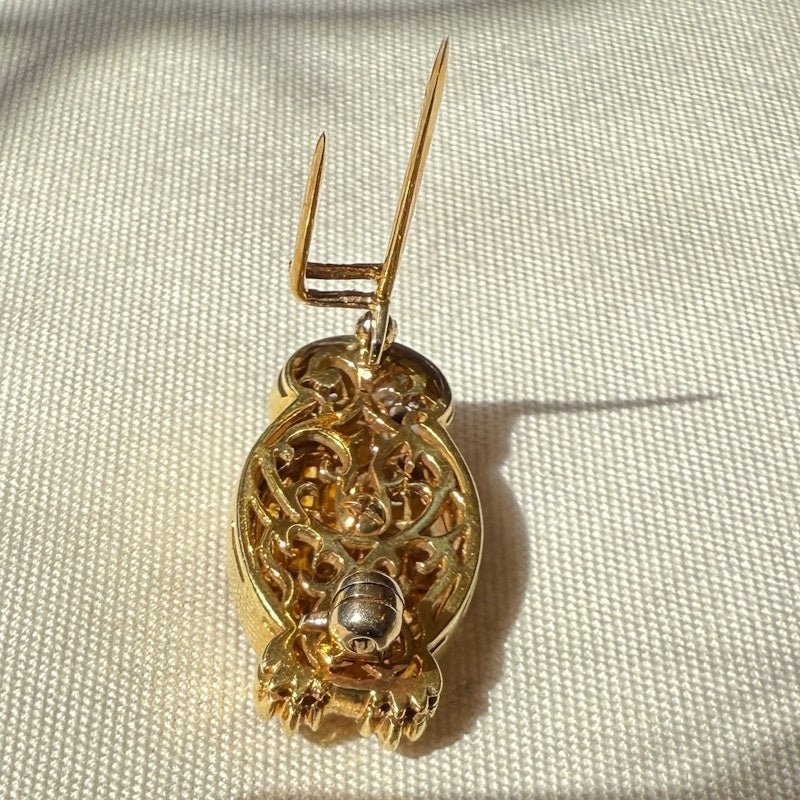 Vintage 18k Yellow Gold Owl Brooch with Sapphires & Diamond