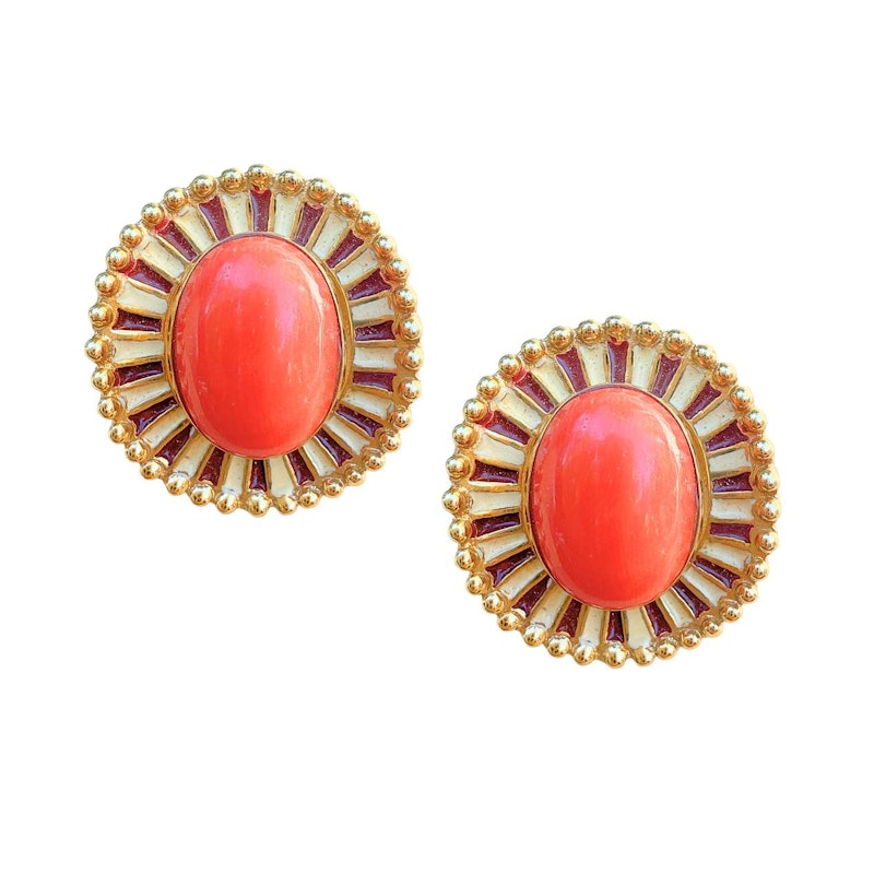 14k Italian Yellow Gold Pink Coral Cabochon Earrings with Enamel & Beaded Border
