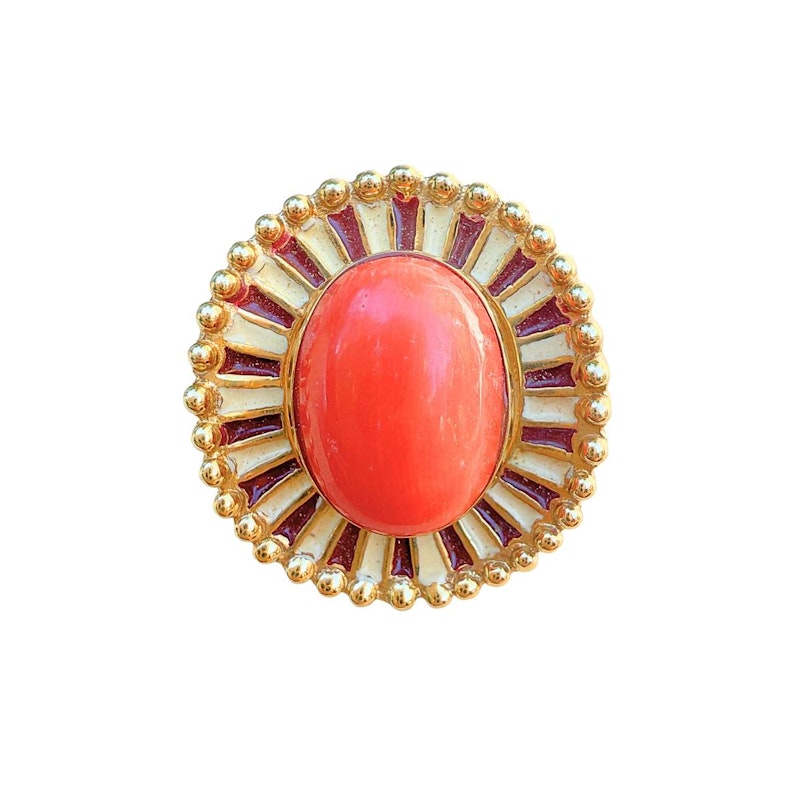 14k Italian Yellow Gold Pink Coral Enamel Ring