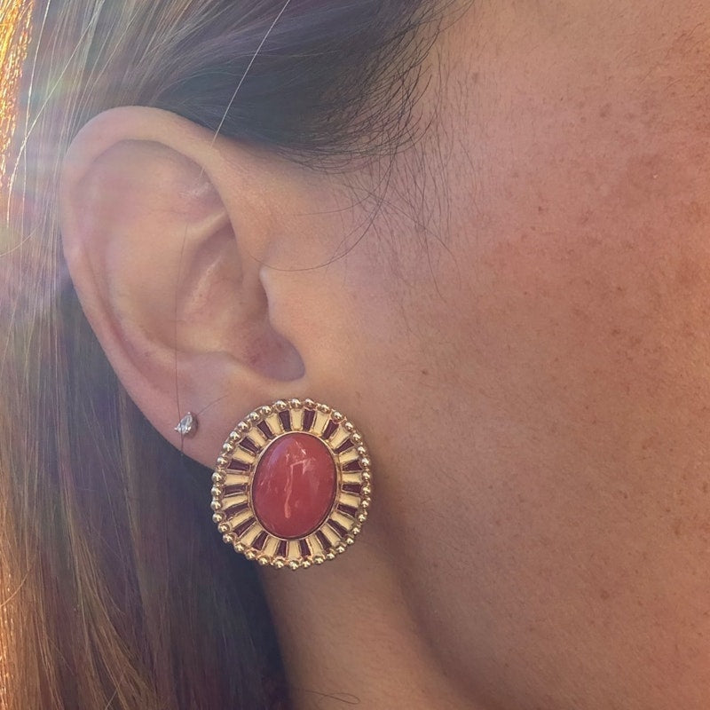 14k Italian Yellow Gold Pink Coral Cabochon Earrings with Enamel & Beaded Border