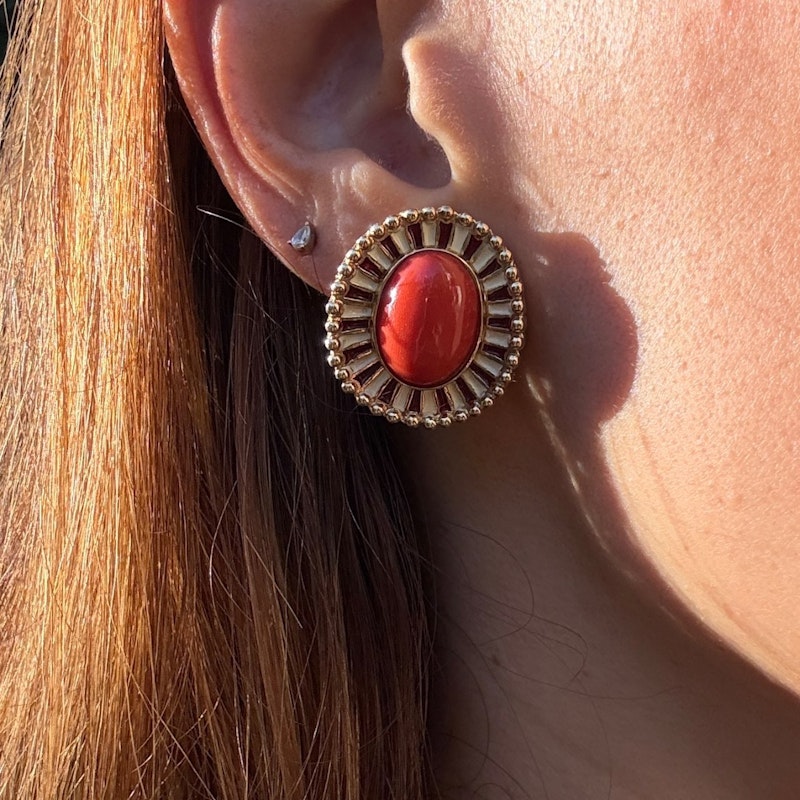 14k Italian Yellow Gold Pink Coral Cabochon Earrings with Enamel & Beaded Border