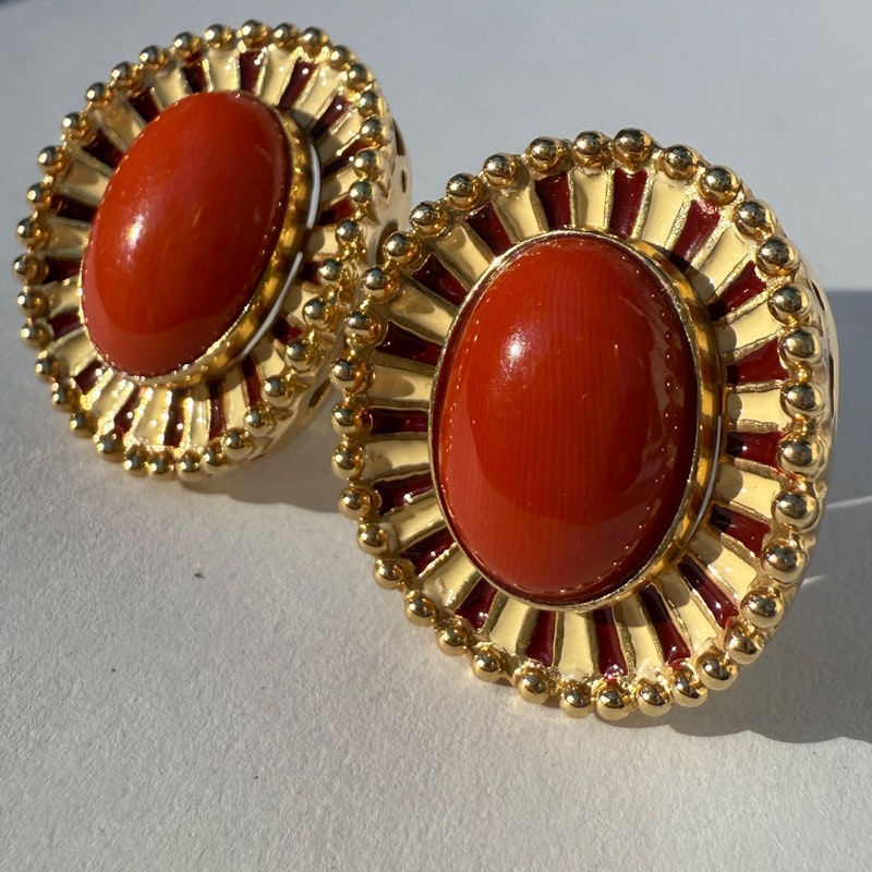 14k Italian Yellow Gold Pink Coral Cabochon Earrings with Enamel & Beaded Border