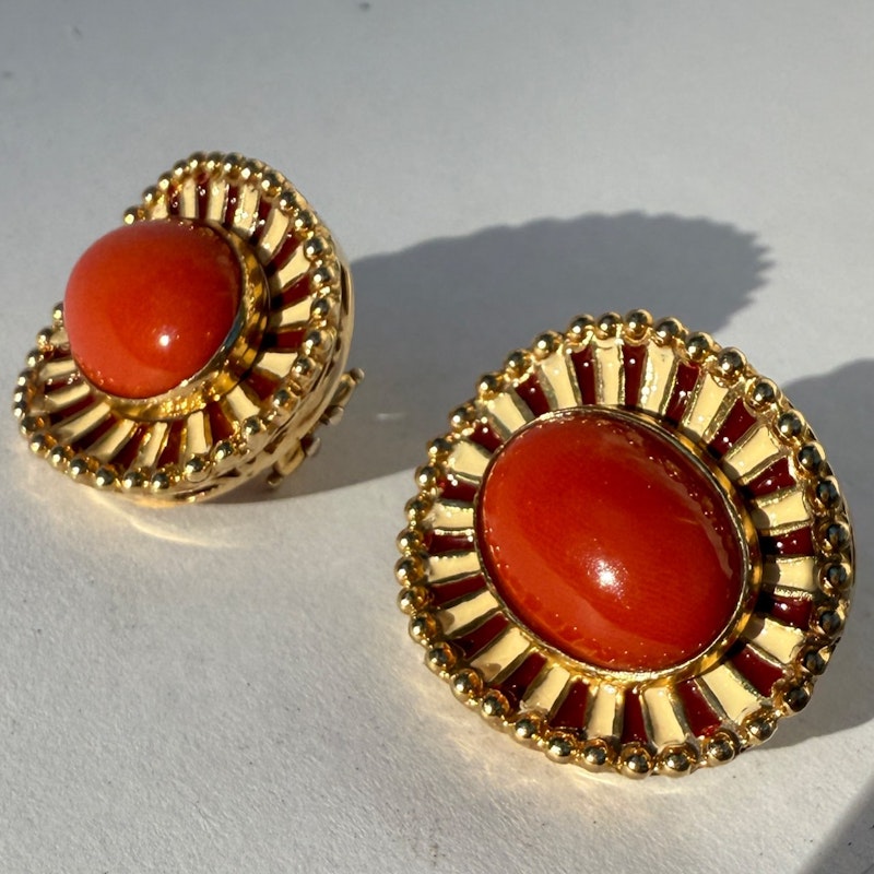 14k Italian Yellow Gold Pink Coral Cabochon Earrings with Enamel & Beaded Border