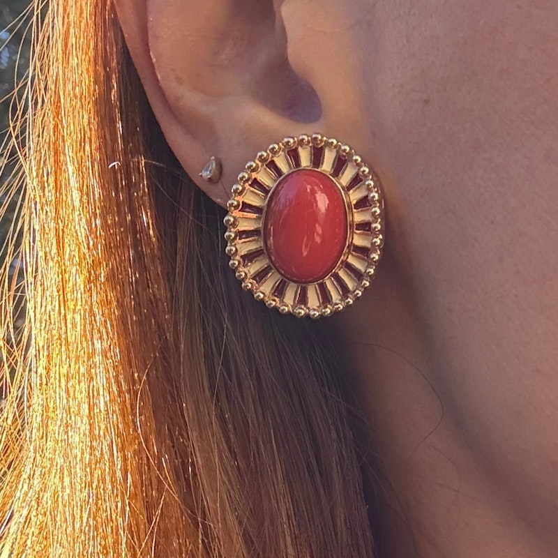 14k Italian Yellow Gold Pink Coral Cabochon Earrings with Enamel & Beaded Border