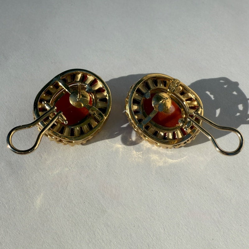 14k Italian Yellow Gold Pink Coral Cabochon Earrings with Enamel & Beaded Border