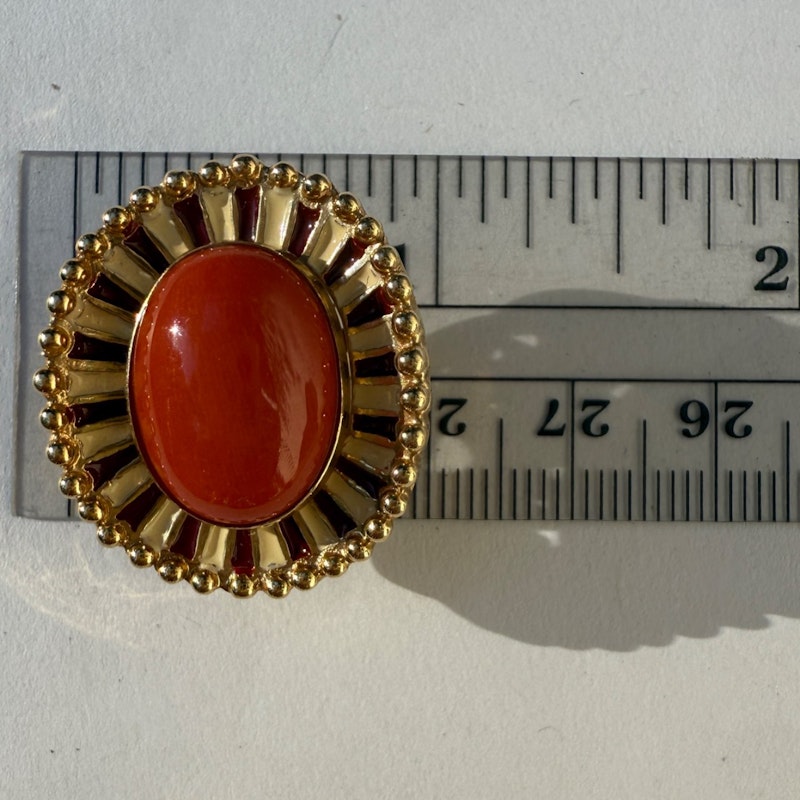 14k Italian Yellow Gold Pink Coral Cabochon Earrings with Enamel & Beaded Border