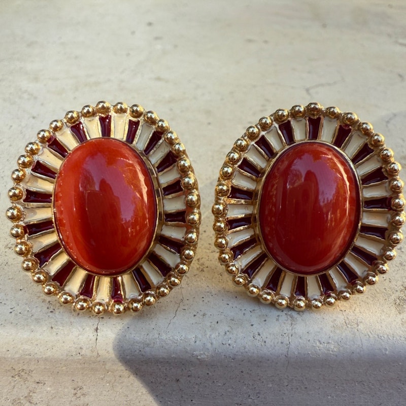 14k Italian Yellow Gold Pink Coral Cabochon Earrings with Enamel & Beaded Border