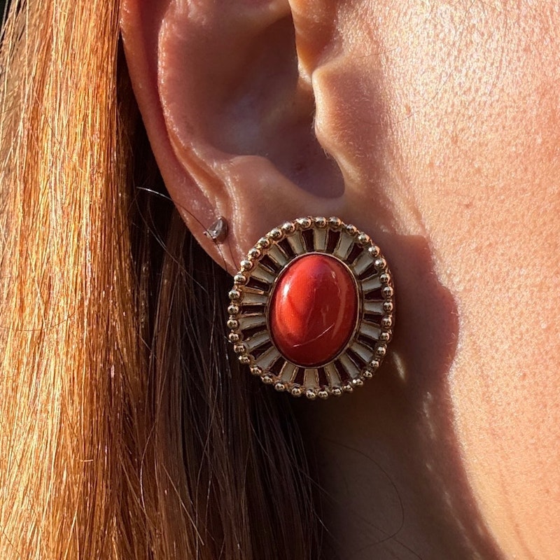 14k Italian Yellow Gold Pink Coral Cabochon Earrings with Enamel & Beaded Border