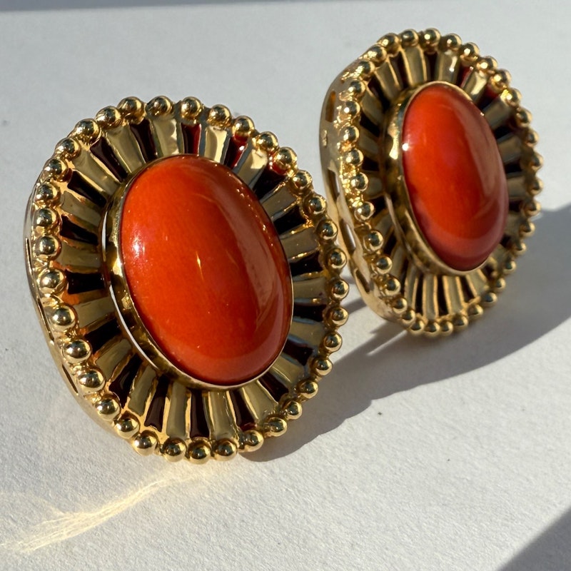 14k Italian Yellow Gold Pink Coral Cabochon Earrings with Enamel & Beaded Border