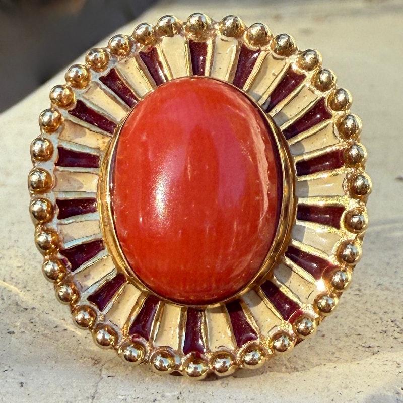 14k Italian Yellow Gold Pink Coral Enamel Ring