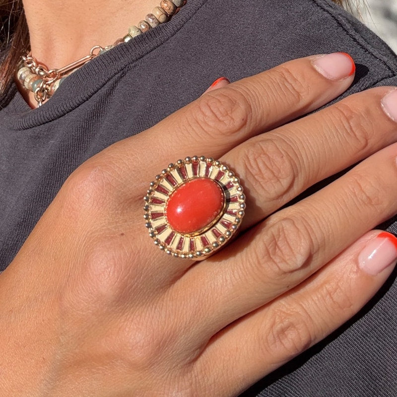 14k Italian Yellow Gold Pink Coral Enamel Ring