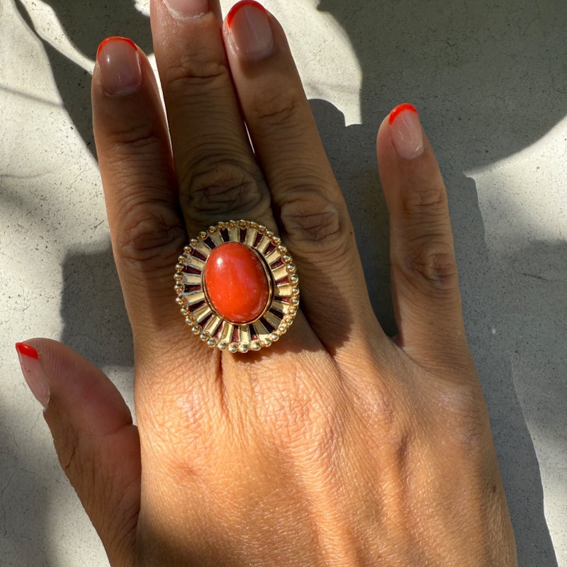 14k Italian Yellow Gold Pink Coral Enamel Ring