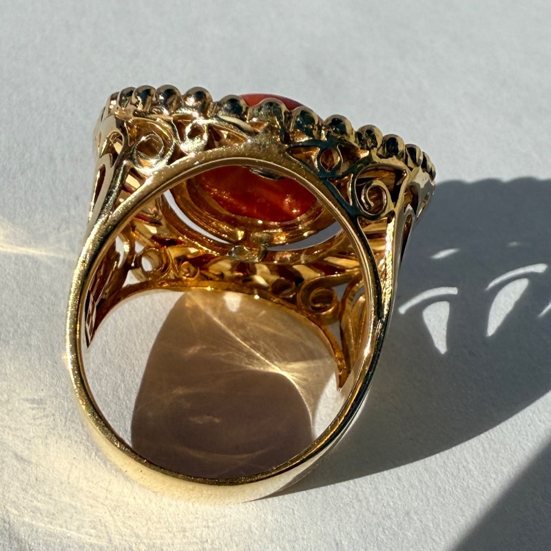 14k Italian Yellow Gold Pink Coral Enamel Ring