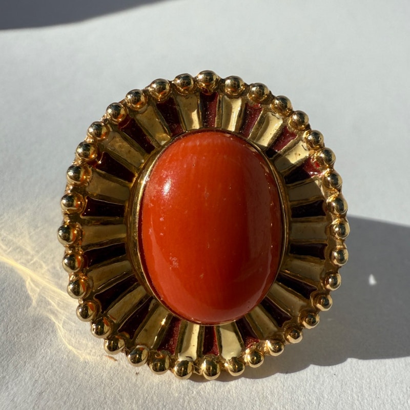 14k Italian Yellow Gold Pink Coral Enamel Ring