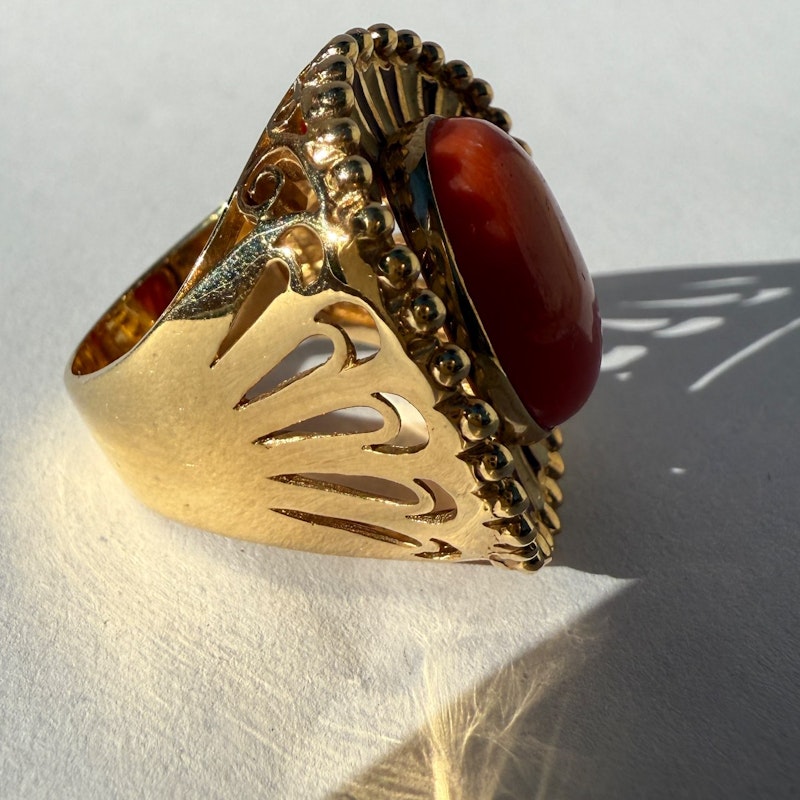 14k Italian Yellow Gold Pink Coral Enamel Ring