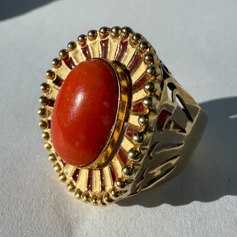 14k Italian Yellow Gold Pink Coral Enamel Ring