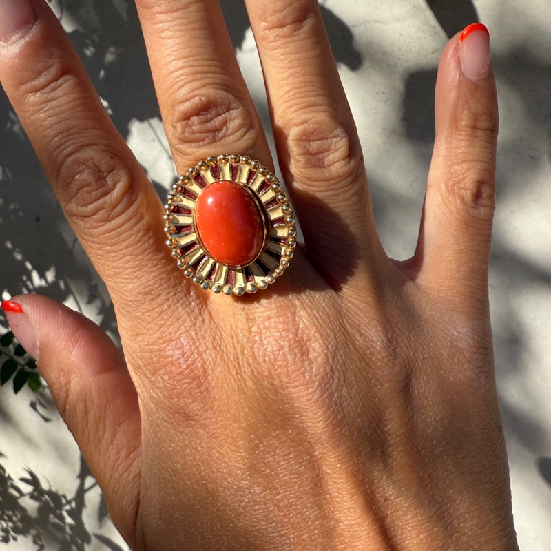 14k Italian Yellow Gold Pink Coral Enamel Ring