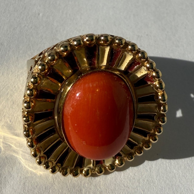 14k Italian Yellow Gold Pink Coral Enamel Ring