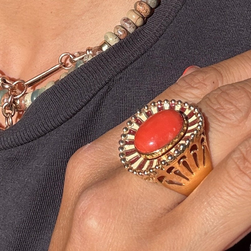 14k Italian Yellow Gold Pink Coral Enamel Ring