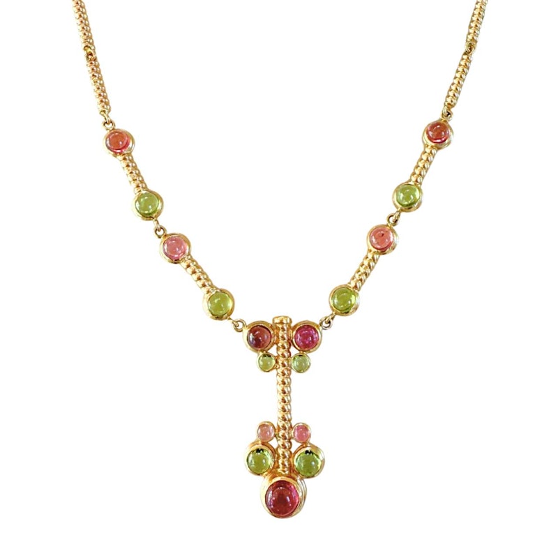 14k Italian Yellow Gold Pink & Green Tourmaline Cabochon Necklace
