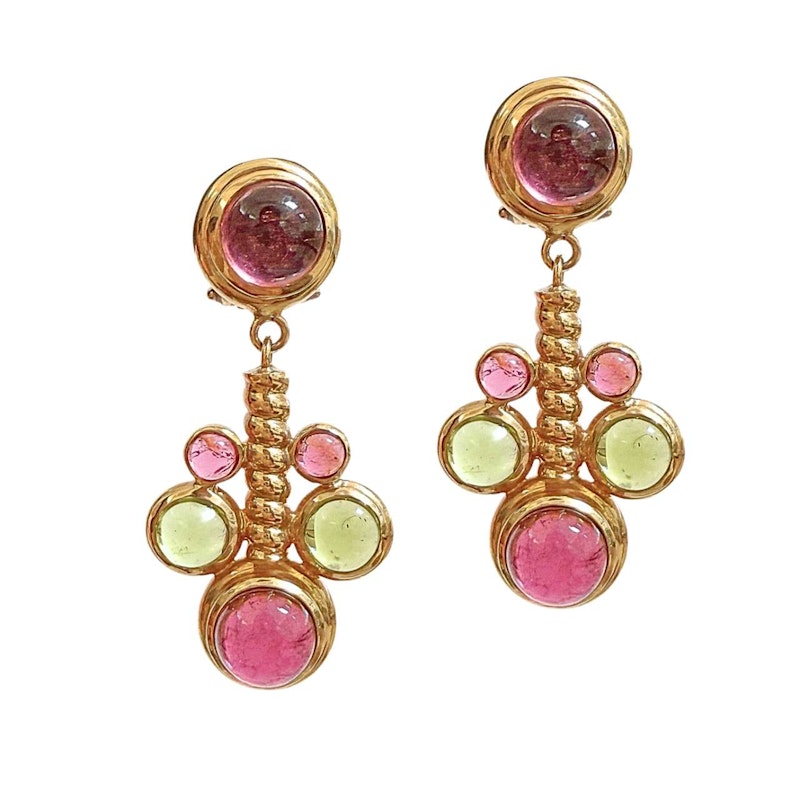 14k Italian Yellow Gold Pink & Green Tourmaline Cabochon Drop Earring