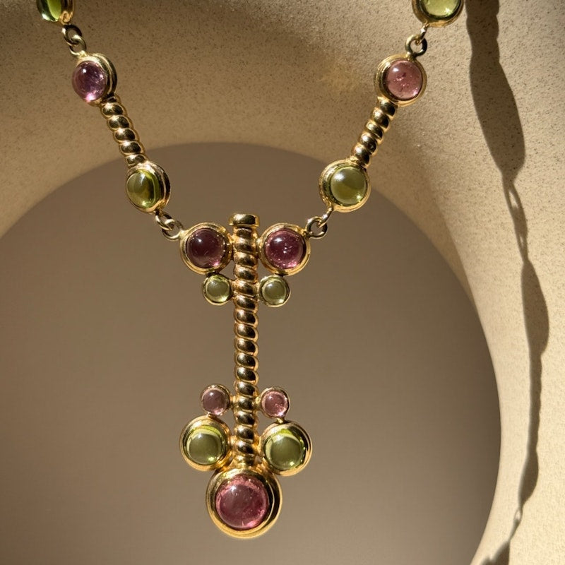 14k Italian Yellow Gold Pink & Green Tourmaline Cabochon Necklace