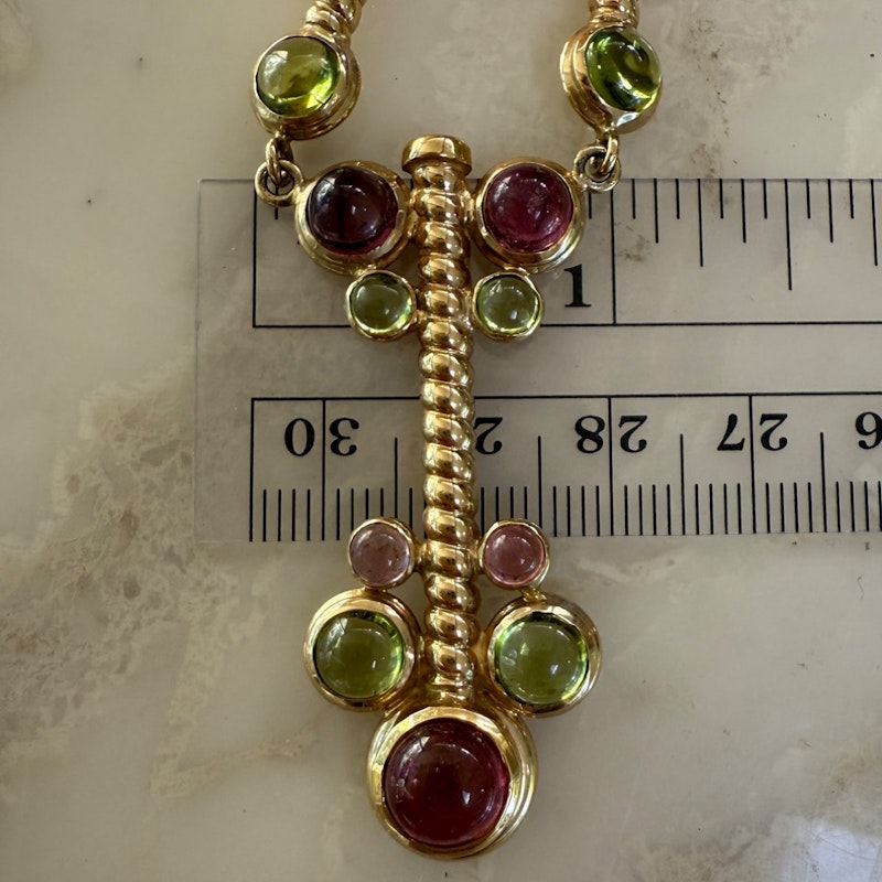 14k Italian Yellow Gold Pink & Green Tourmaline Cabochon Necklace