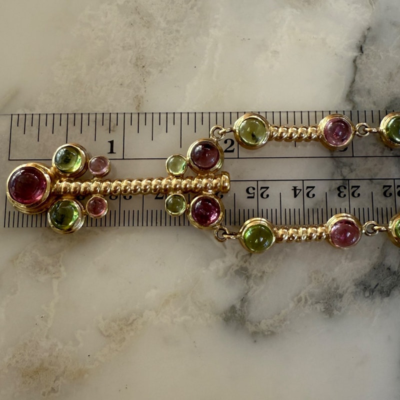 14k Italian Yellow Gold Pink & Green Tourmaline Cabochon Necklace