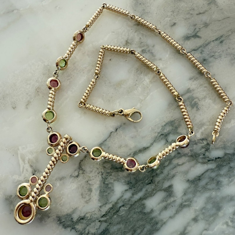 14k Italian Yellow Gold Pink & Green Tourmaline Cabochon Necklace