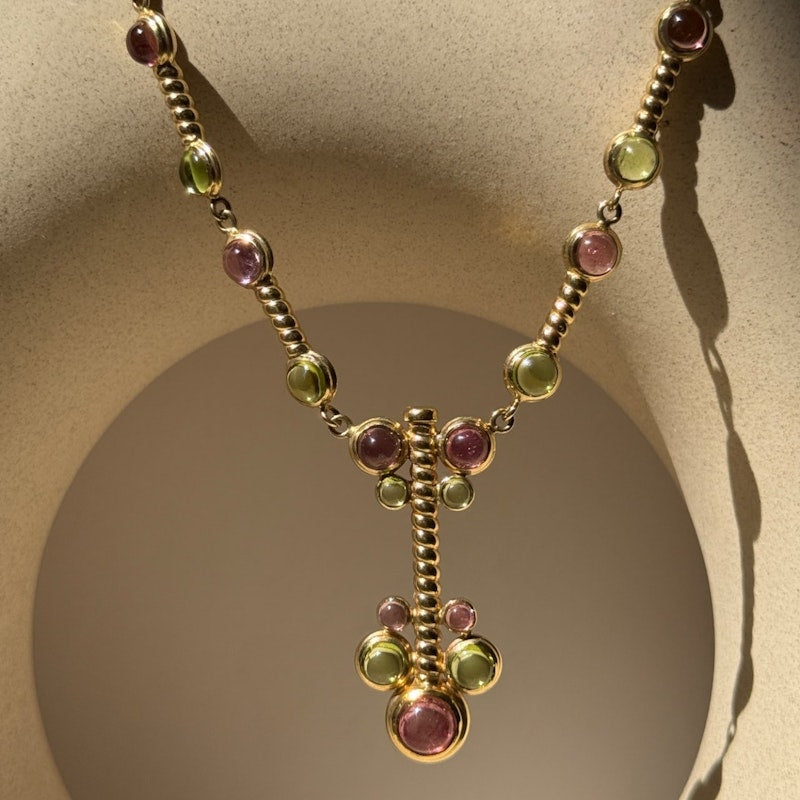 14k Italian Yellow Gold Pink & Green Tourmaline Cabochon Necklace
