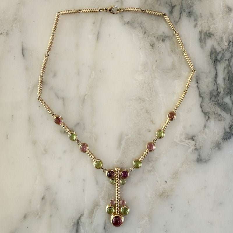 14k Italian Yellow Gold Pink & Green Tourmaline Cabochon Necklace