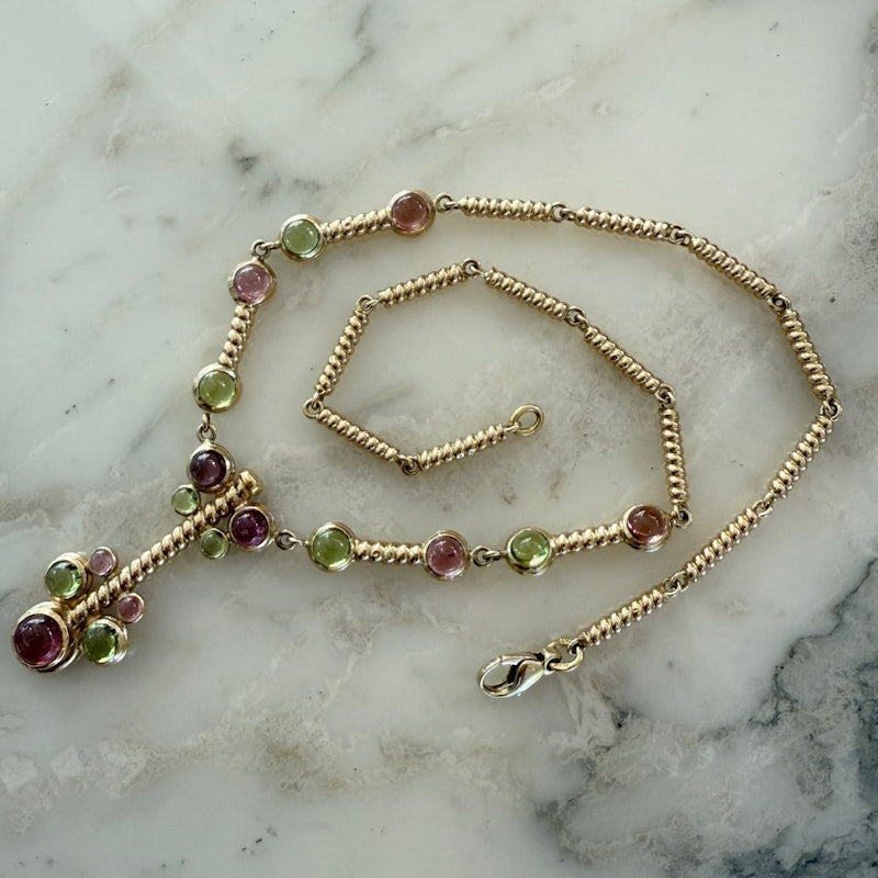 14k Italian Yellow Gold Pink & Green Tourmaline Cabochon Necklace
