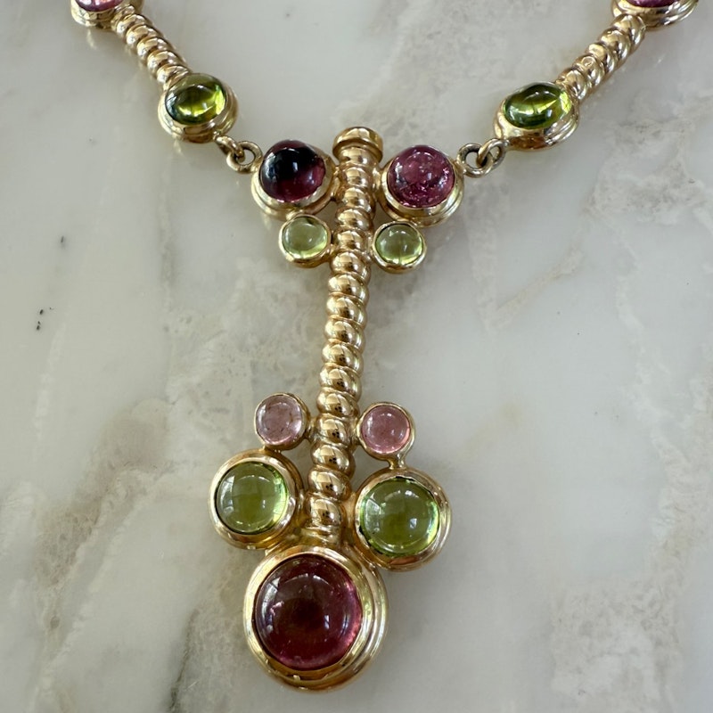 14k Italian Yellow Gold Pink & Green Tourmaline Cabochon Necklace