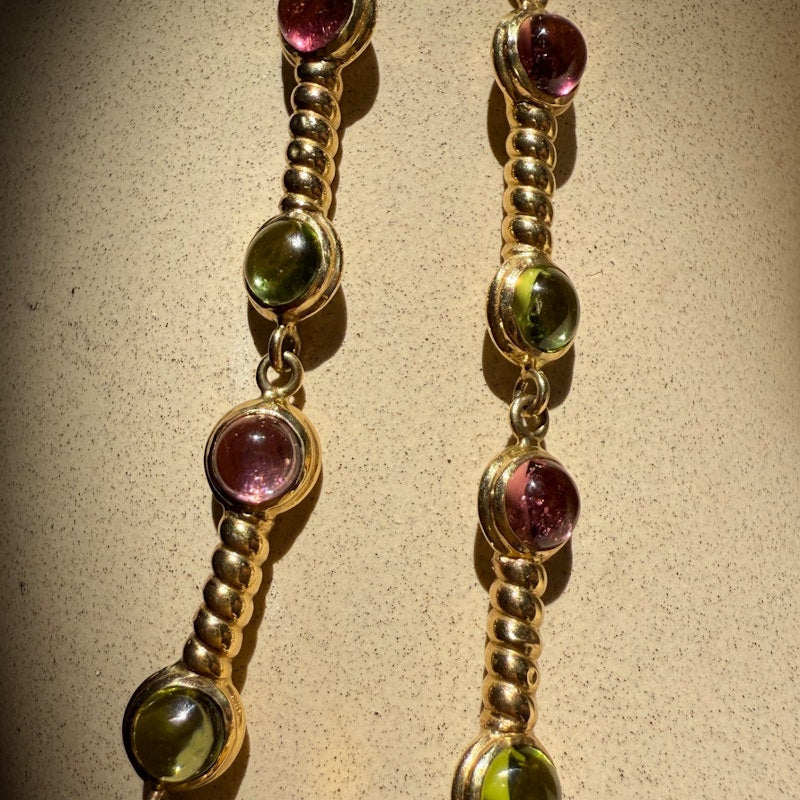 14k Italian Yellow Gold Pink & Green Tourmaline Cabochon Necklace