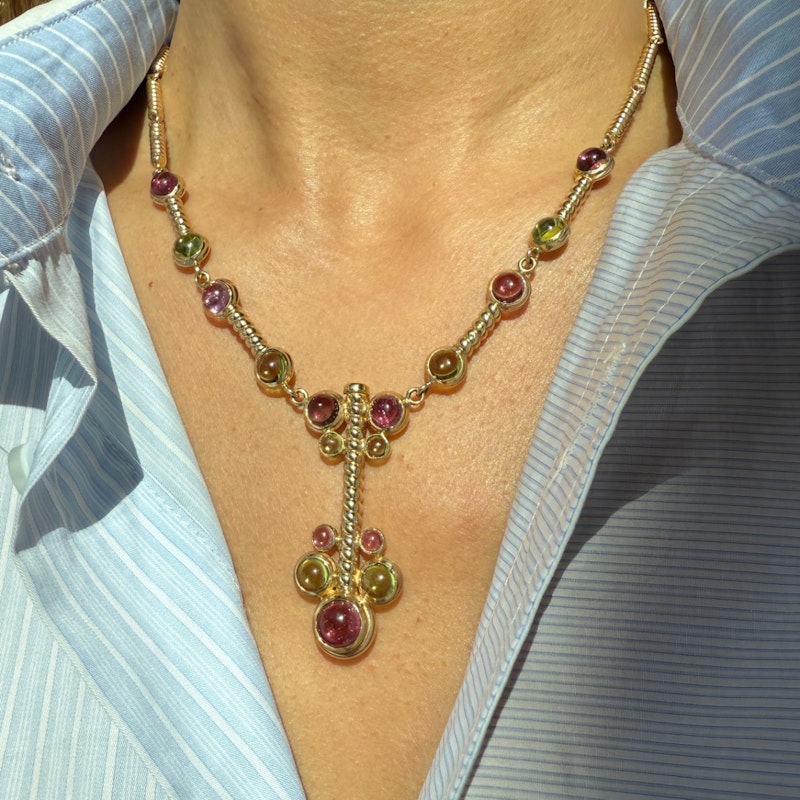 14k Italian Yellow Gold Pink & Green Tourmaline Cabochon Necklace