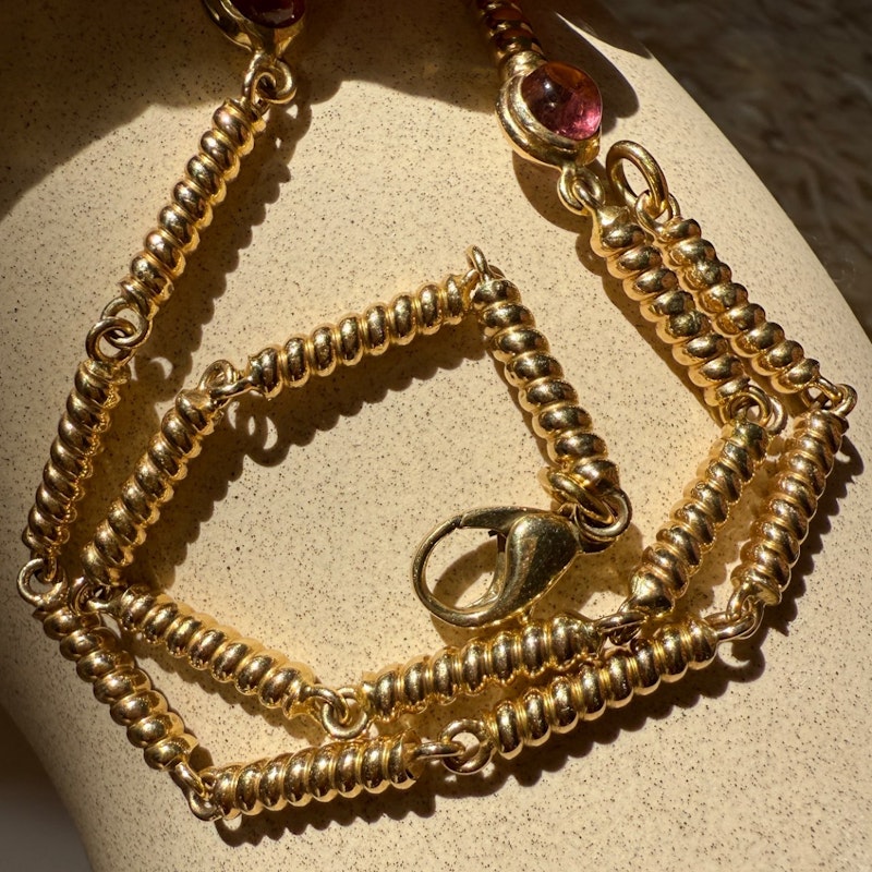 14k Italian Yellow Gold Pink & Green Tourmaline Cabochon Necklace