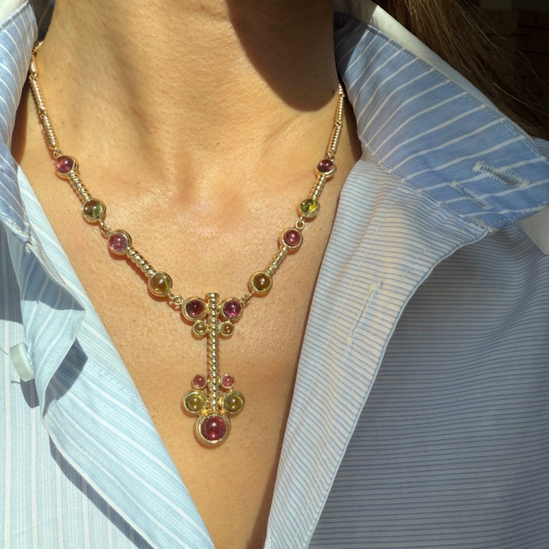 14k Italian Yellow Gold Pink & Green Tourmaline Cabochon Necklace