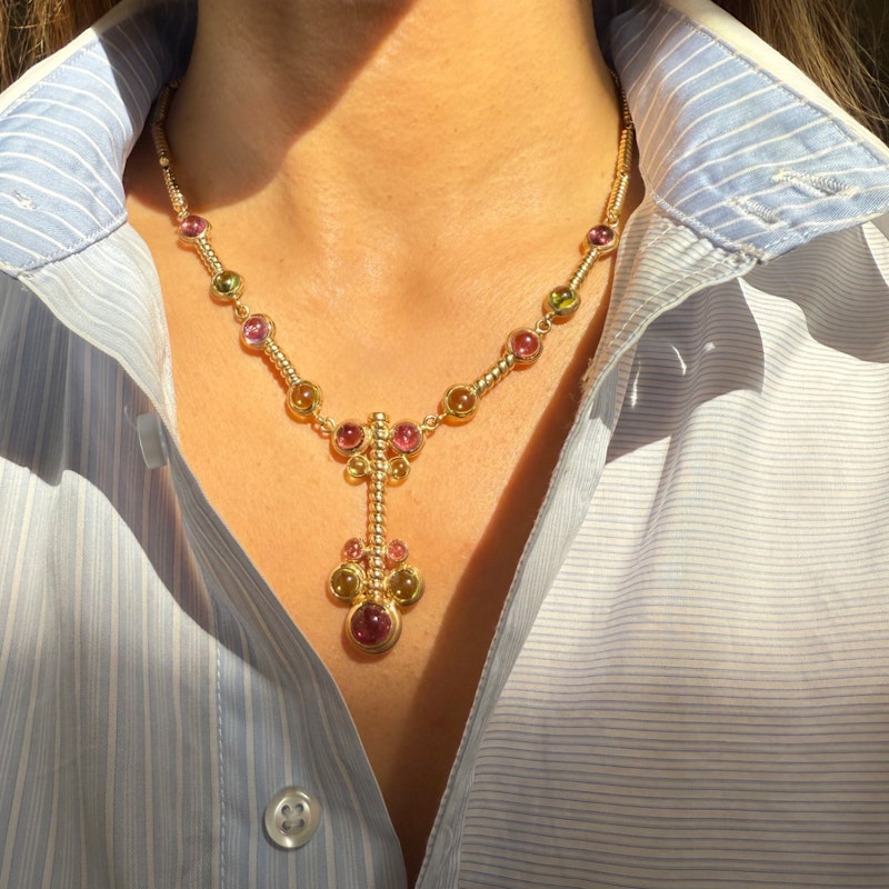 14k Italian Yellow Gold Pink & Green Tourmaline Cabochon Necklace
